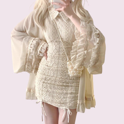 Beige sleeveless lace mini dress (overpiece not included)0