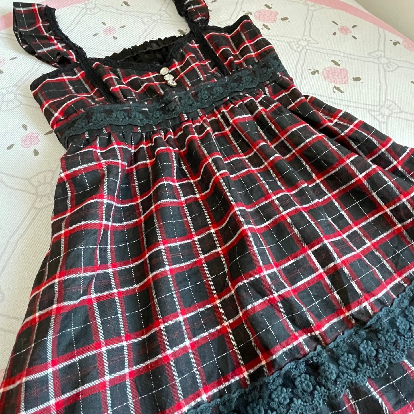 Liz Lisa Doll Plaid Dress – Black × Red Check, Lace Trim, Sweet Girly Jfashion5