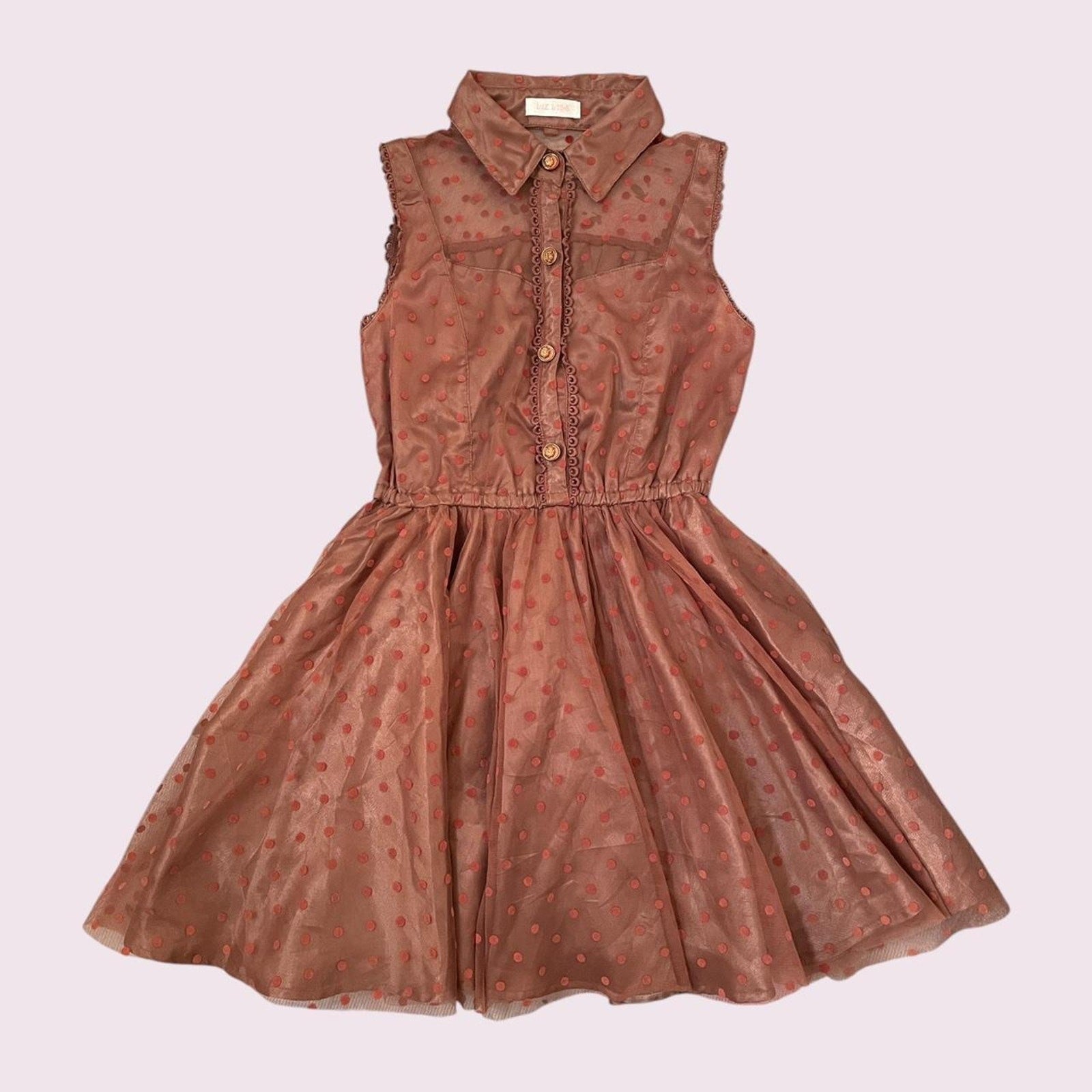 Liz Lisa brown sleeveless polka dot dress with lace trim0