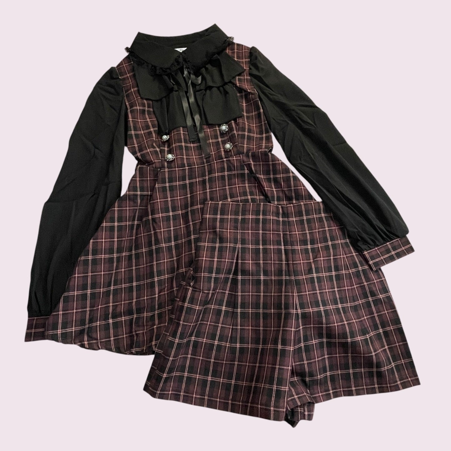 Majonetty Jirai Kei plaid two-piece set – ruffle blouse & shorts, gothic school2