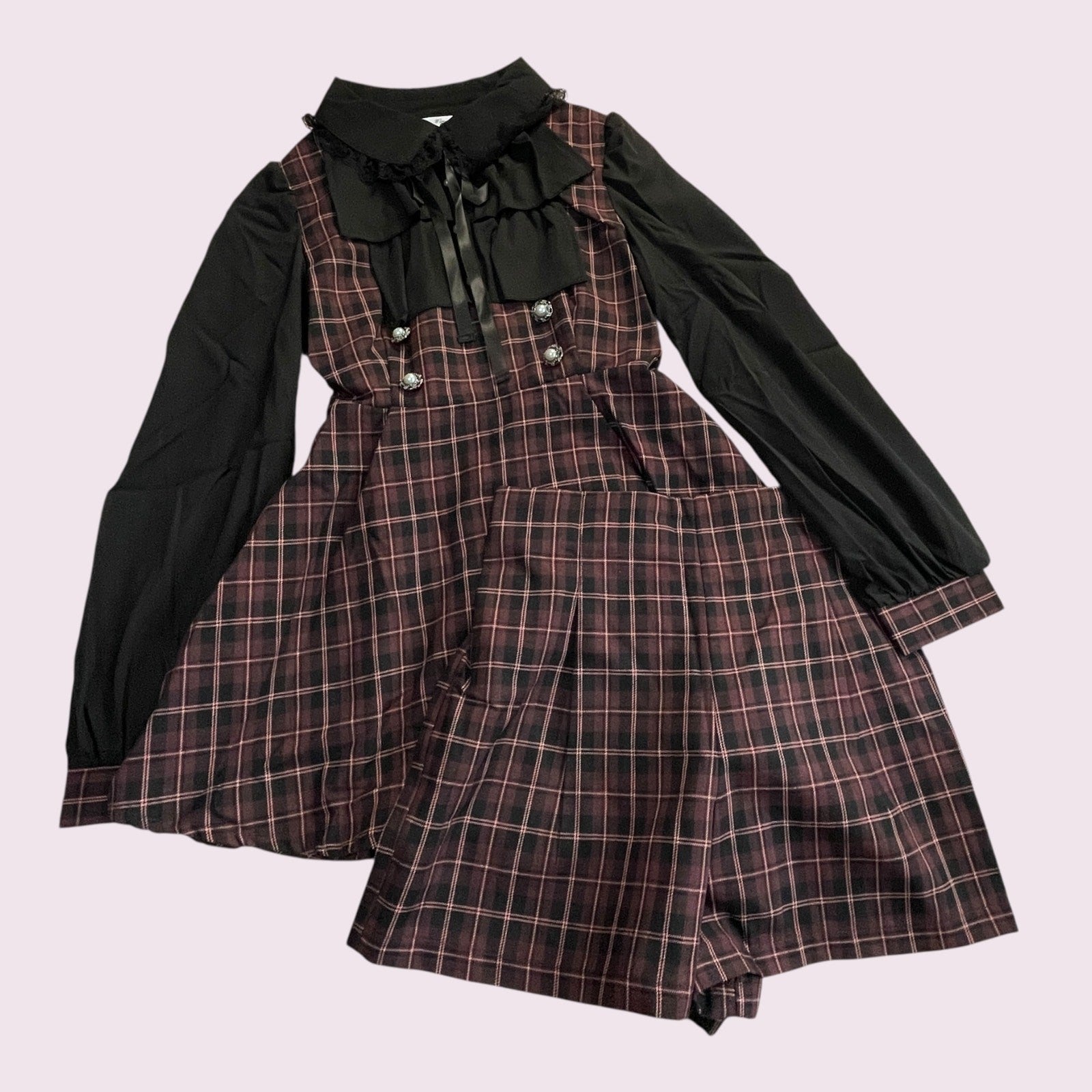 Majonetty Jirai Kei plaid two-piece set – ruffle blouse & shorts, gothic school2