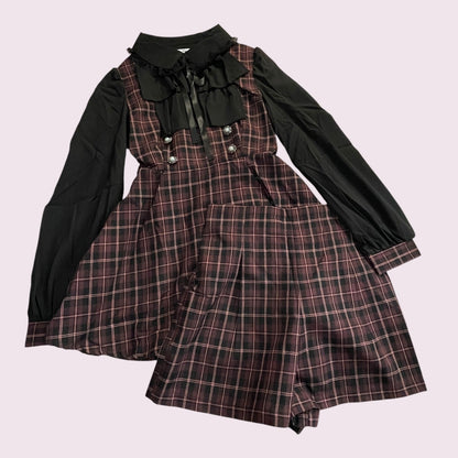 Majonetty Jirai Kei plaid two-piece set – ruffle blouse & shorts, gothic school2