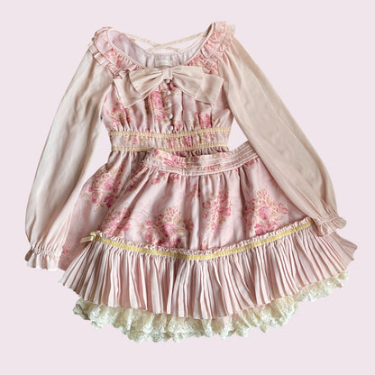 Liz Lisa pink floral blouse & skirt set with a detachable bow 0