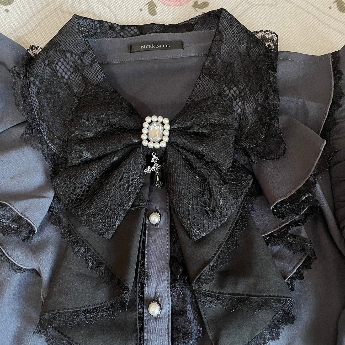 Noemie gothic smoky violet jewel bow blouse with bell sleeves1