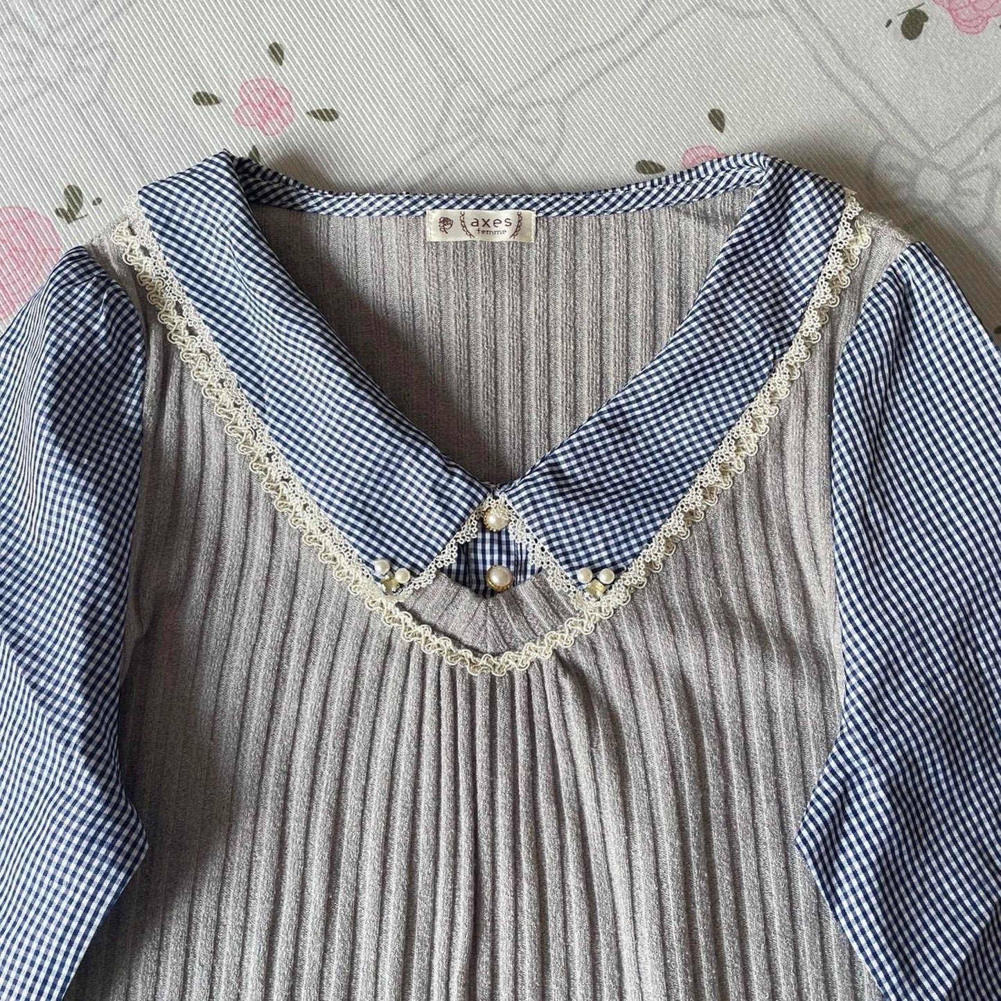 Axes Femme  patchwork knit & gingham top with lace collar2
