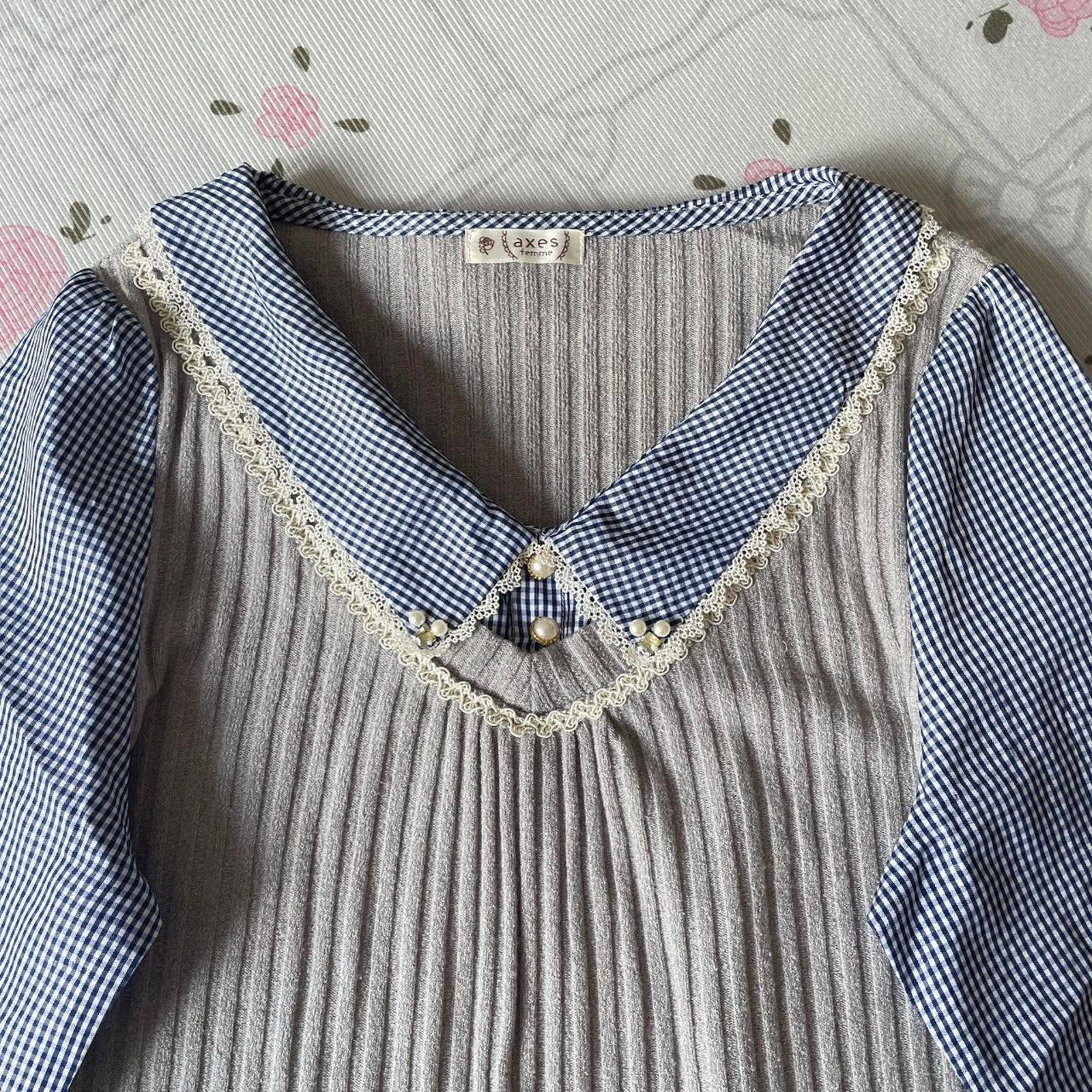 Axes Femme  patchwork knit & gingham top with lace collar2