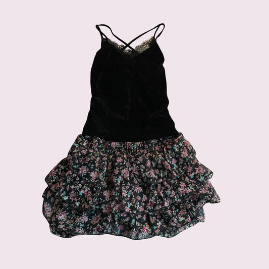 Japanese Vintage Floral Ruffle Skirt & Velvet Camisole Set Y2K Style0