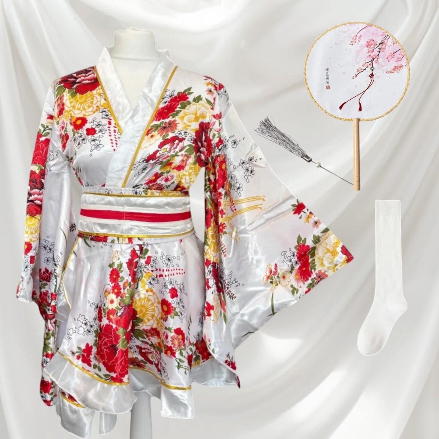 Japanese floral kimono Halloween costume with white socks and holding fan  Cos 0