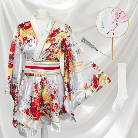 Japanese floral kimono Halloween costume with white socks and holding fan  Cos 0