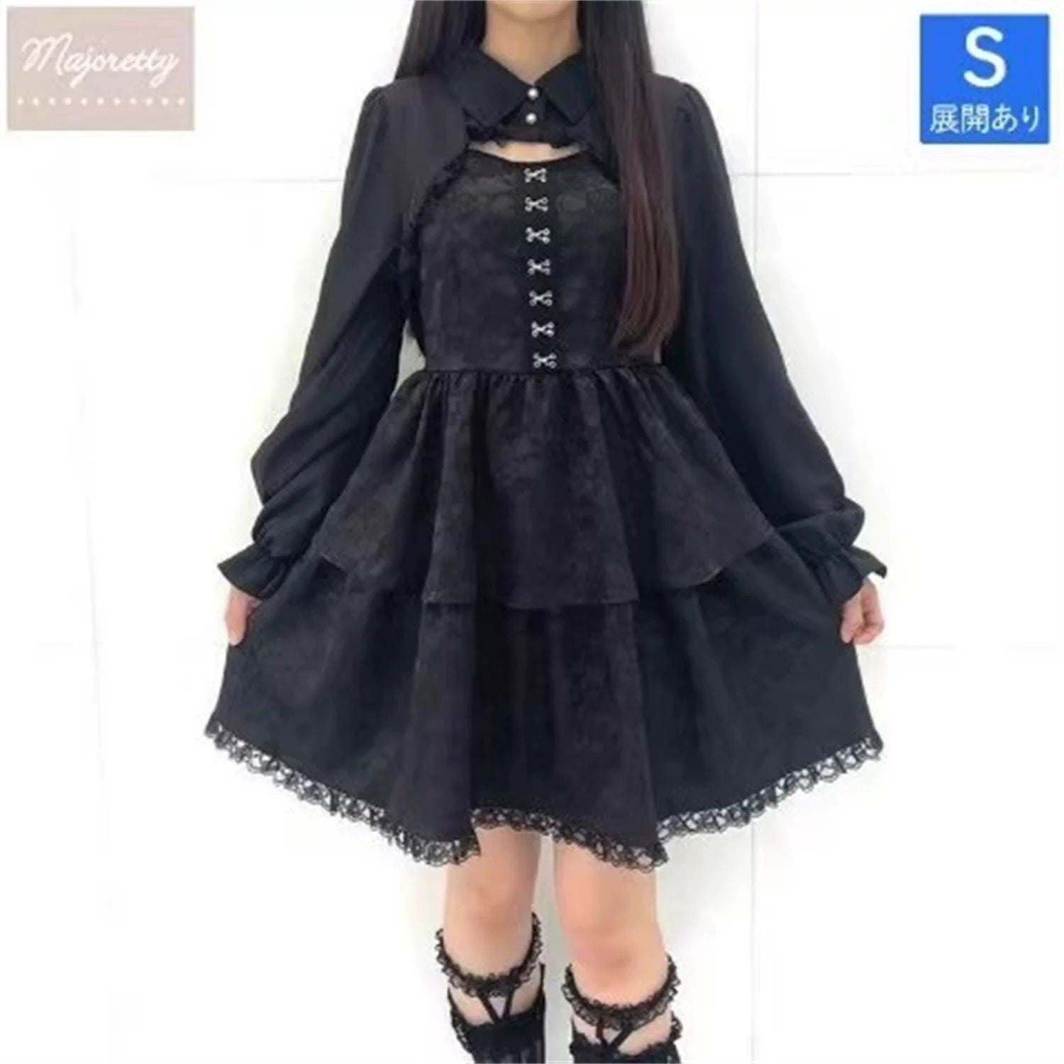 Majonetty Black Floral Long Sleeve Dress Faux TwoPiece Dark Mori style0