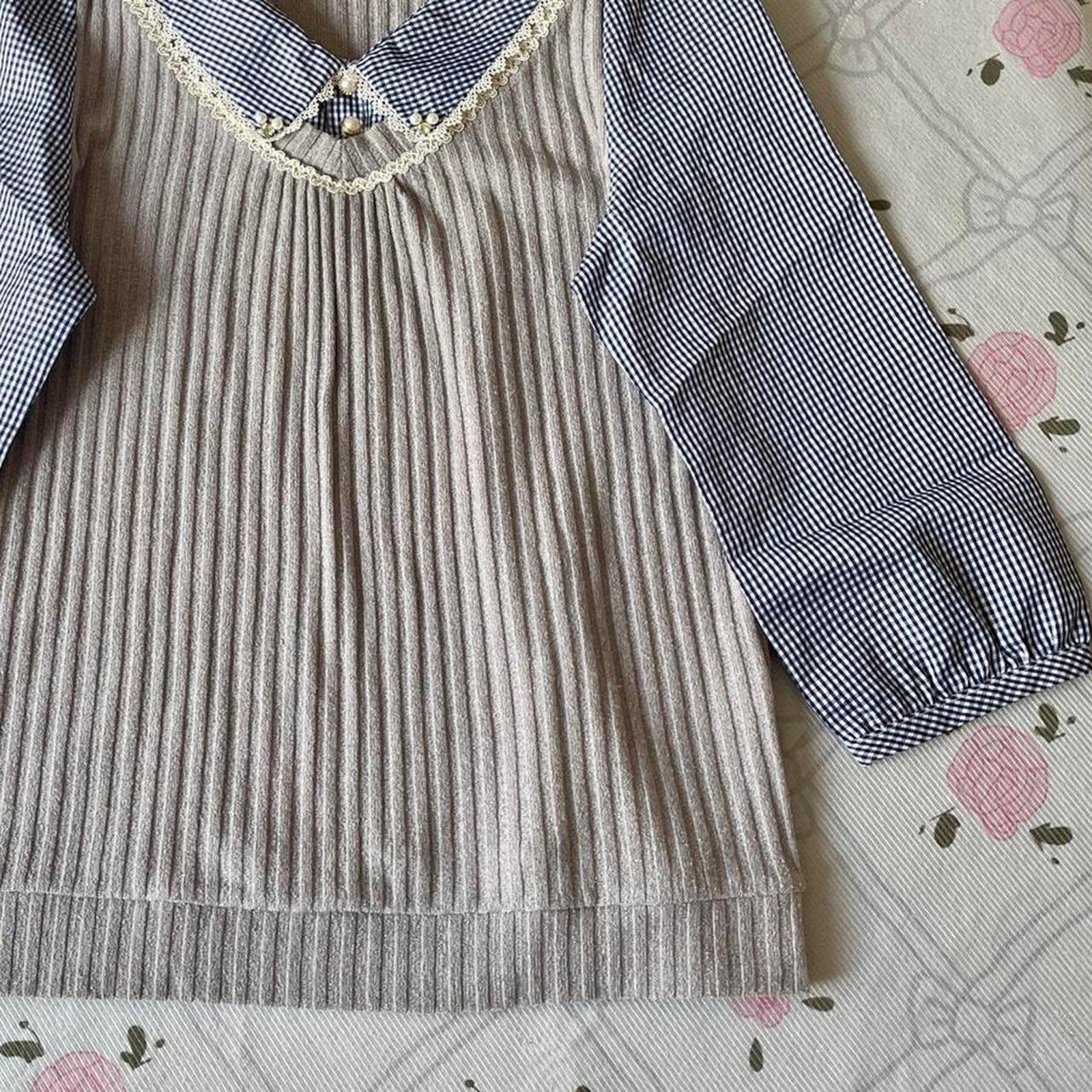 Axes Femme  patchwork knit & gingham top with lace collar4