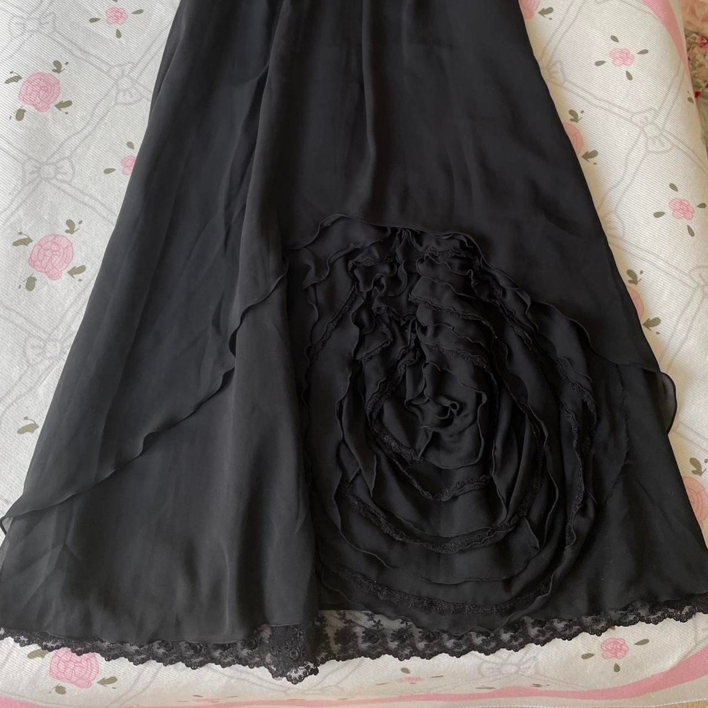 Axes femme black chiffon dress with pearl neckline and rosette detai2