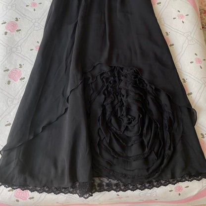 Axes femme black chiffon dress with pearl neckline and rosette detai2
