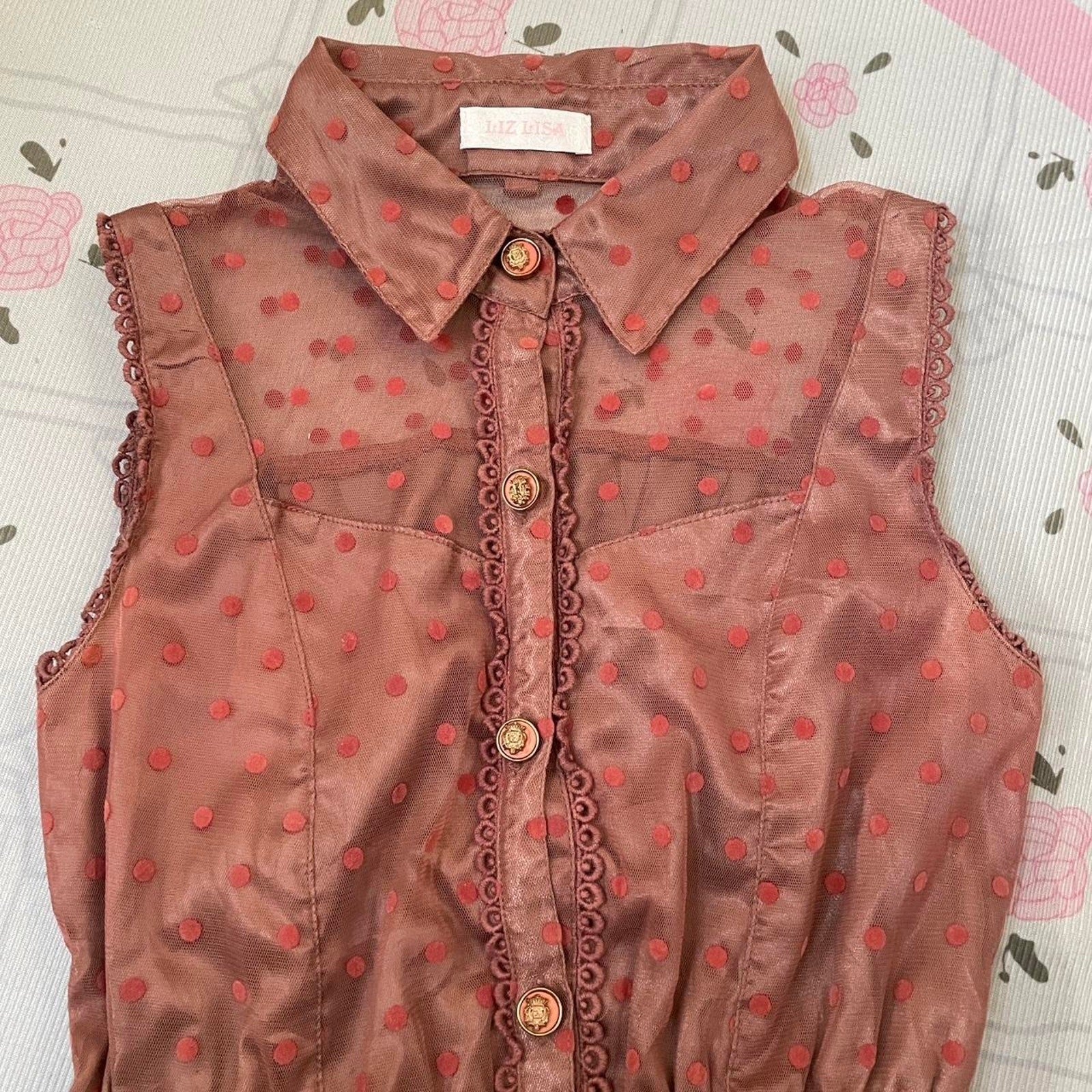 Liz Lisa brown sleeveless polka dot dress with lace trim2