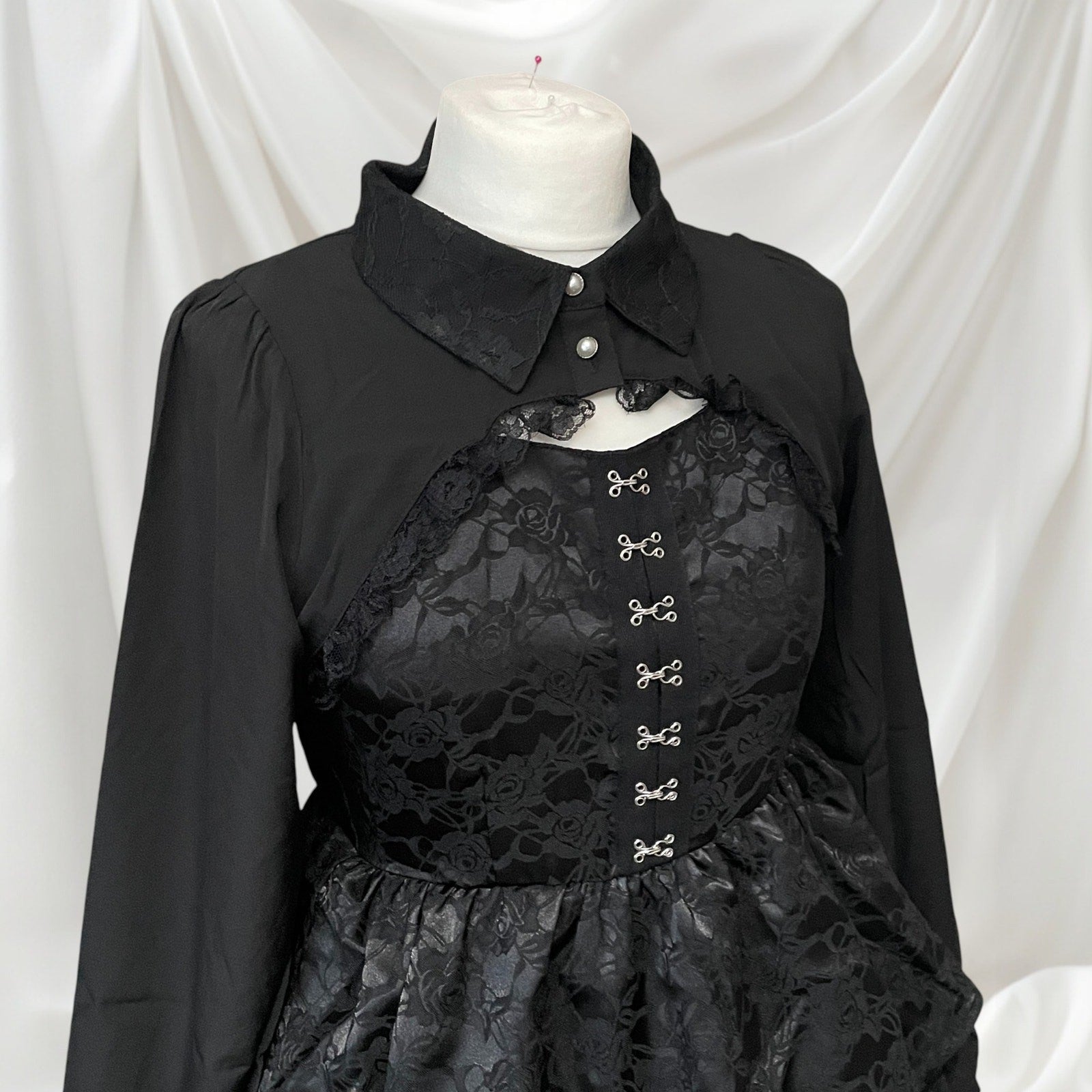Majonetty Black Floral Long Sleeve Dress Faux TwoPiece Dark Mori style5