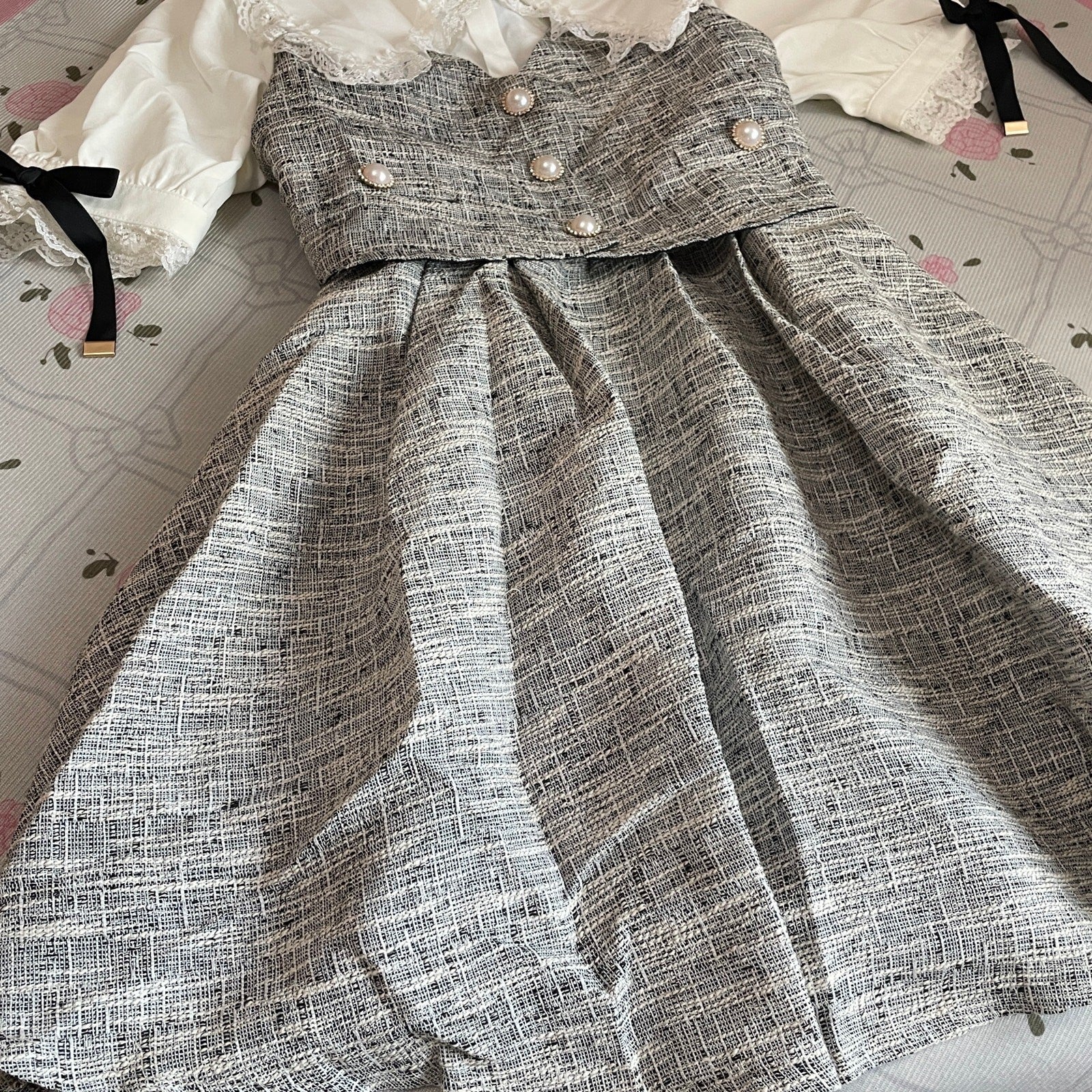 Rojita Tweed Dress Jfashion One-piece with Pearl Buttons Grey 4