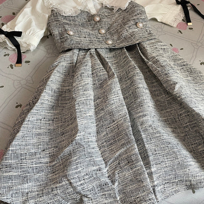Rojita Tweed Dress Jfashion One-piece with Pearl Buttons Grey 4