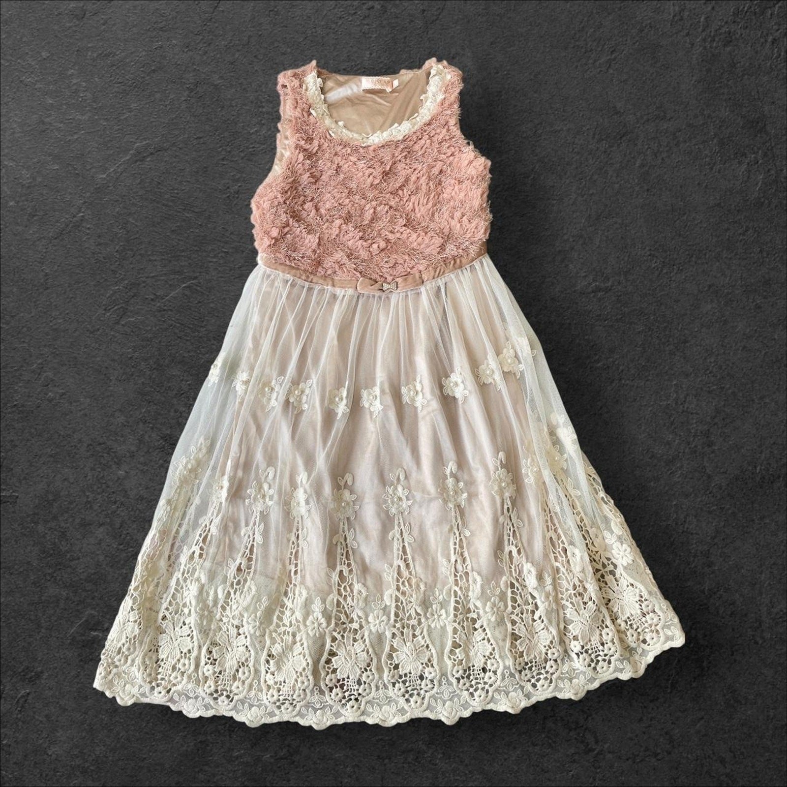 Vintage dusty pink lace bodice dress with floral embroidered tulle skirt0