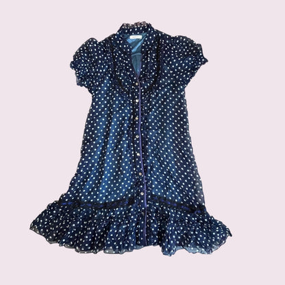 Axes Femme Navy Polka Dot Dress – Ruffle Trim, Sheer Layer, Jfashion Vintage0