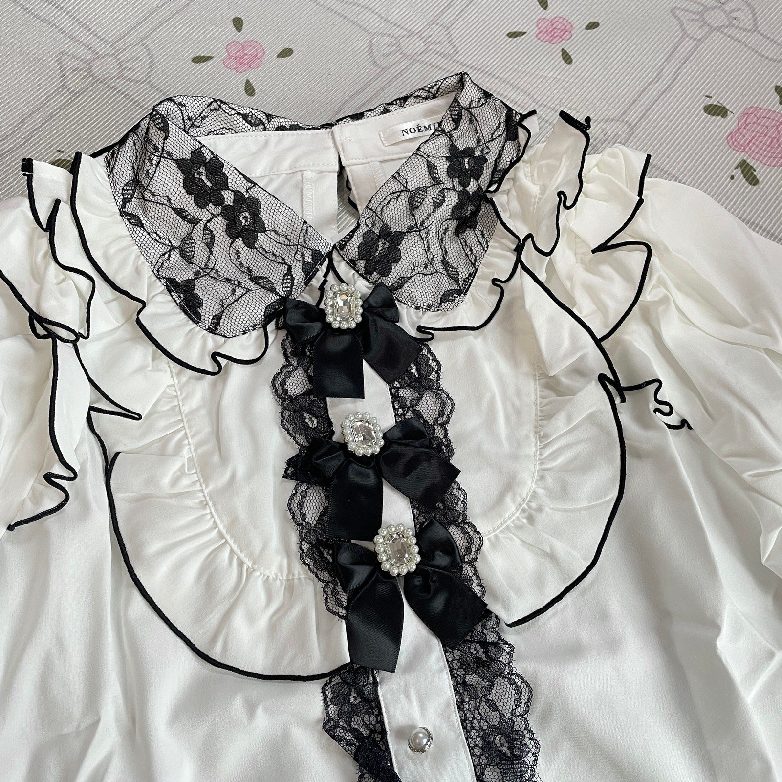 Noemie White Black Lace Jeweled Bow Blouse Ryousangata Jirai Kei Top2