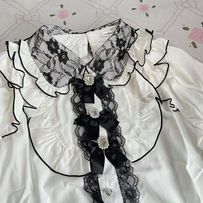 Noemie White Black Lace Jeweled Bow Blouse Ryousangata Jirai Kei Top2