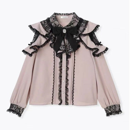 Japanese Brand Noemie lace ruffle blouse with satin bow0