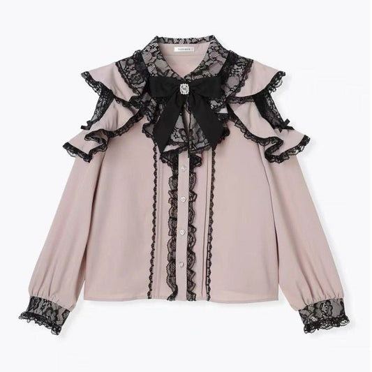 Japanese Brand Noemie lace ruffle blouse with satin bow0