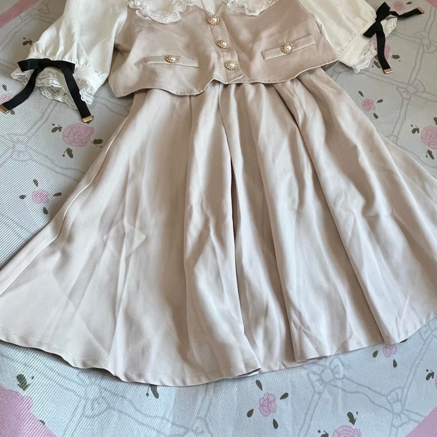 Rojita Tweed Dress Jfashion One-piece with Pearl Buttons Grey Pink5