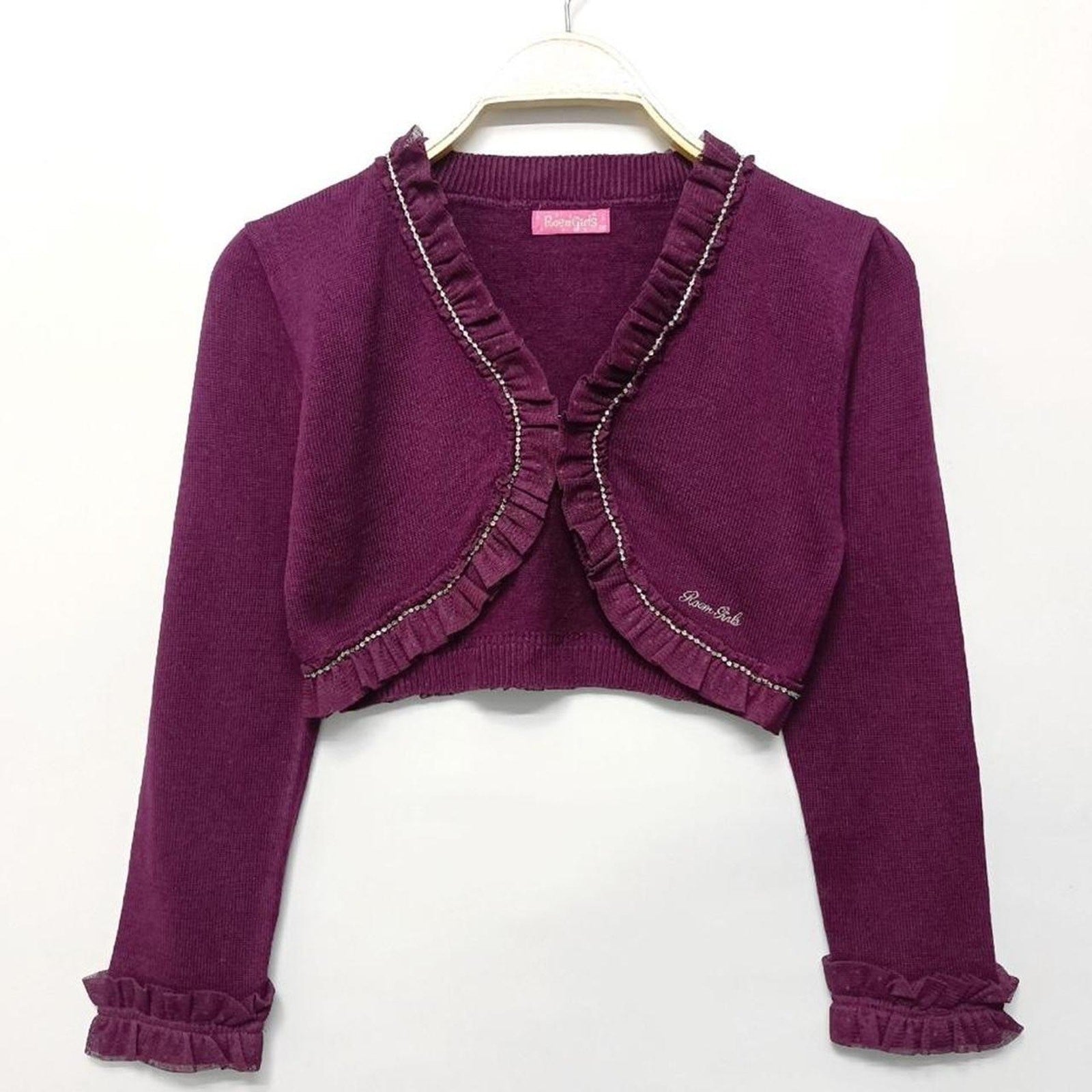 Vintage Korean ruffle trim cropped cardigan in wine red0