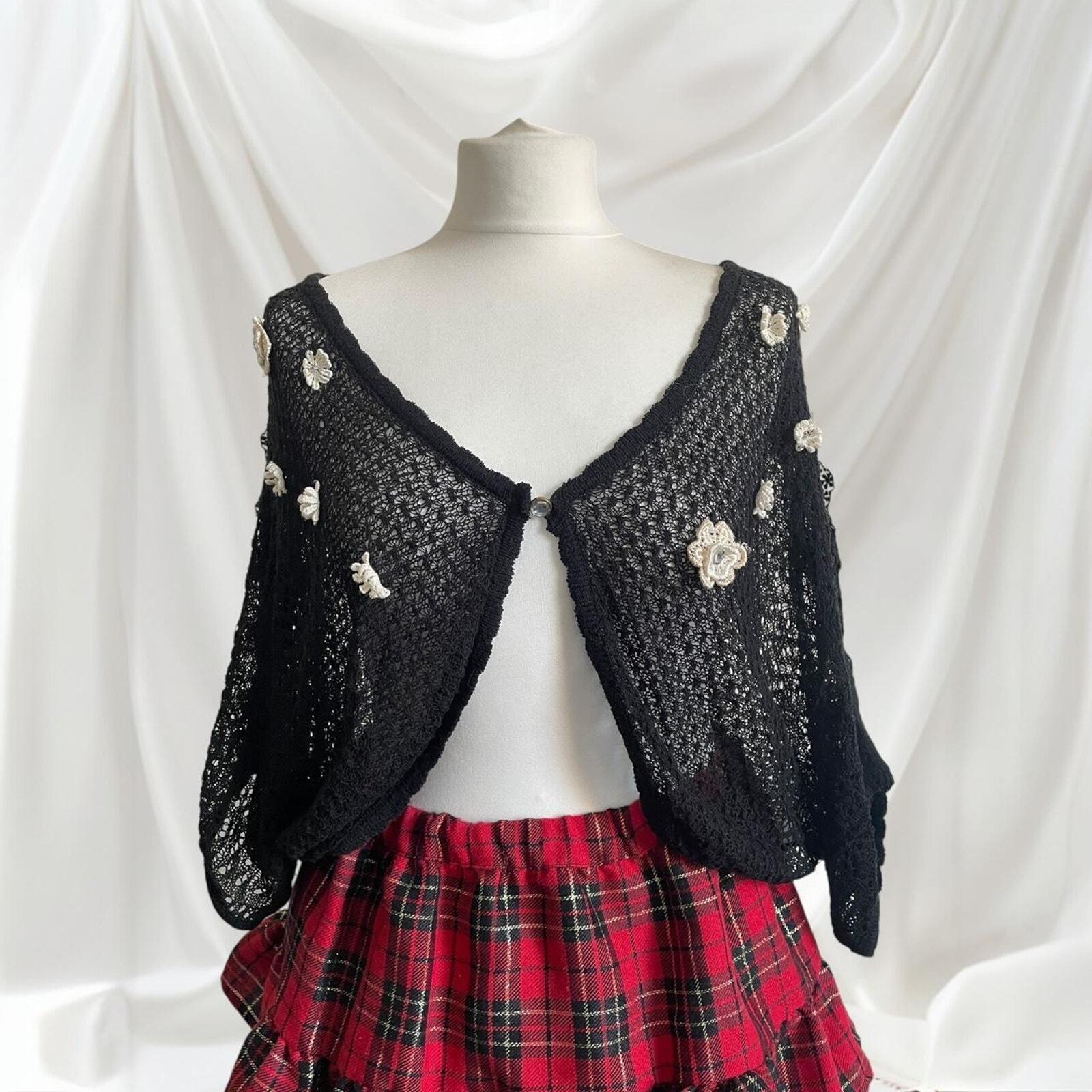 Axes Femme black crochet cardigan with floral appliqués0