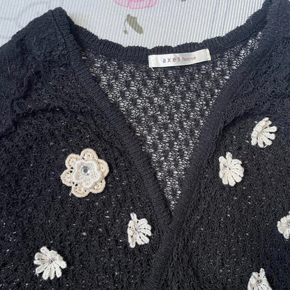 Axes Femme black crochet cardigan with floral appliqués2