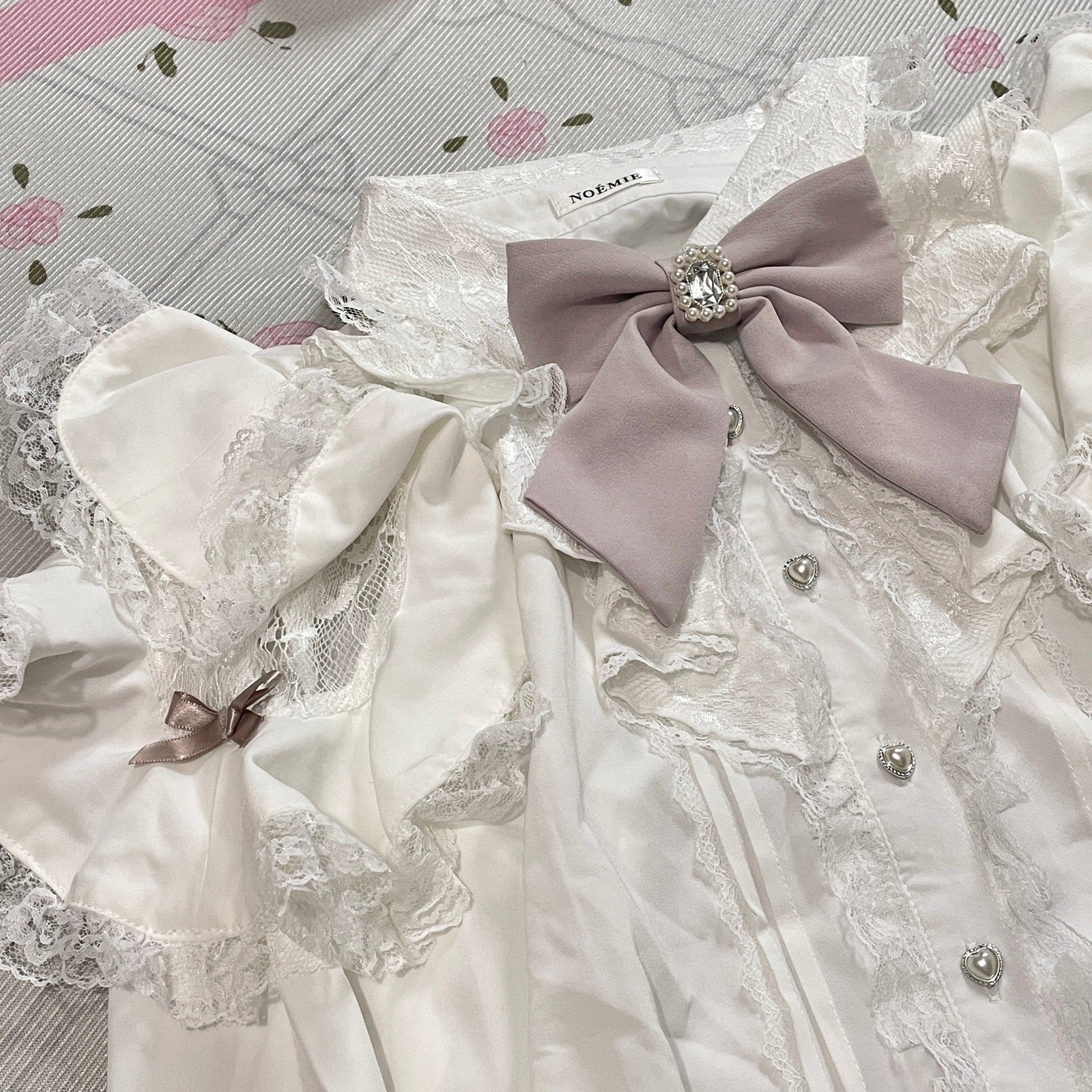 Noemie cold-shoulder frill blouse with bow – white lace girly top4