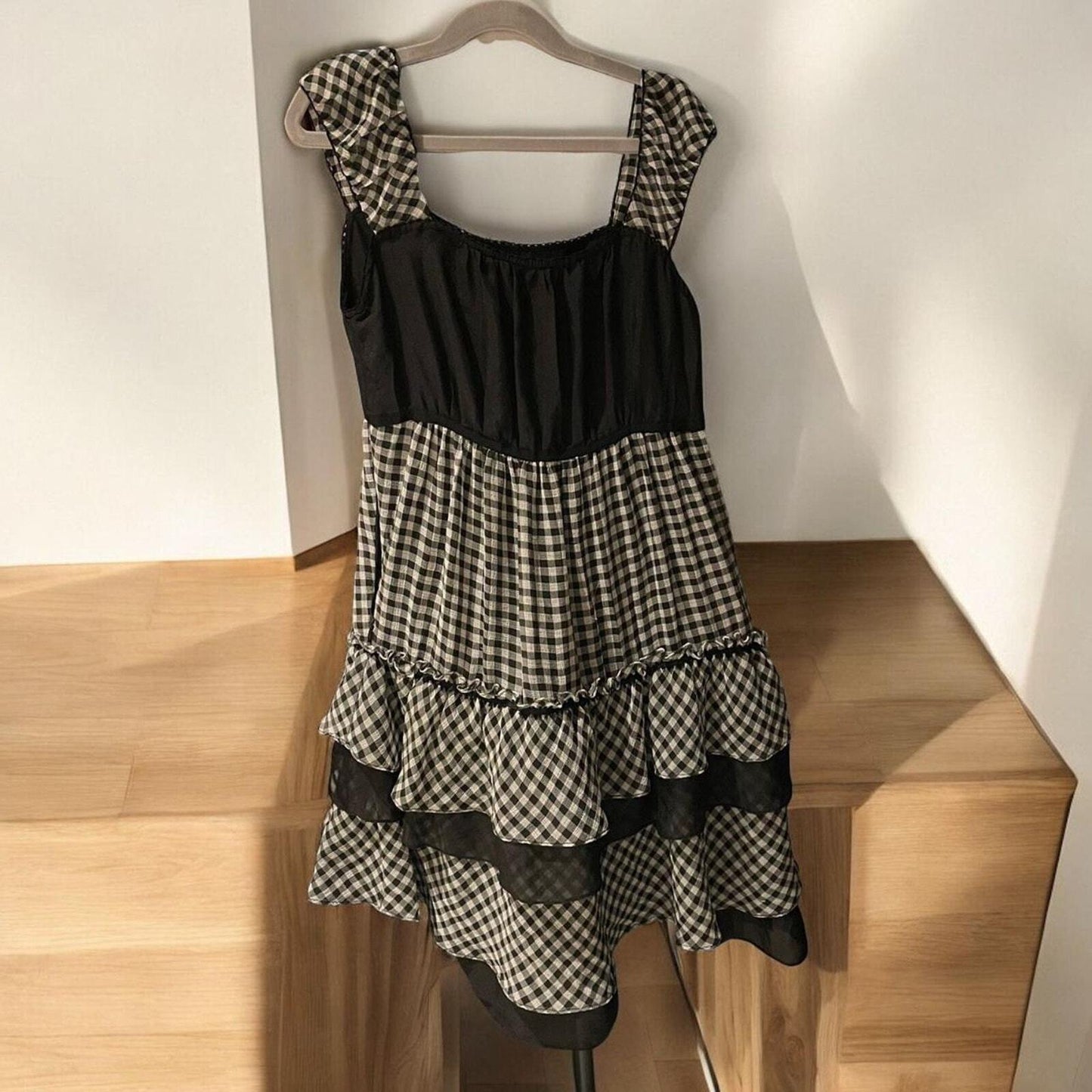 Plaid/ checkered black and white Japanese vintage dress with ruffle detailing0