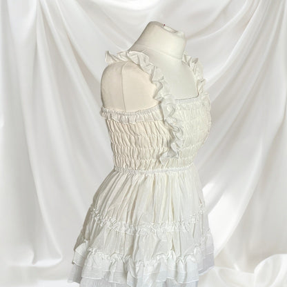 GRL White Shirred Ruffle Mini Dress Dolly J-Fashion Tiered Babydoll1