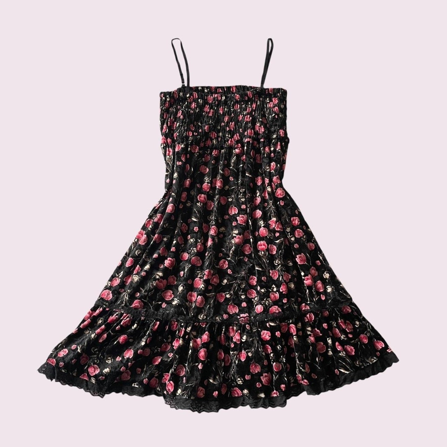 Vintage black rose print smocked cami dress with tiered skirt from japan0