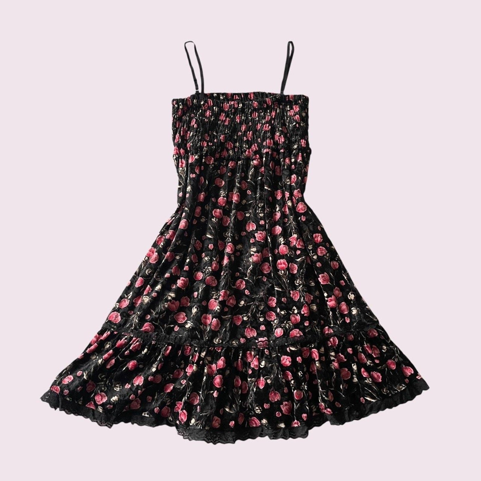 Vintage black rose print smocked cami dress with tiered skirt from japan0