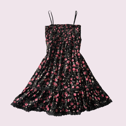 Vintage black rose print smocked cami dress with tiered skirt from japan0