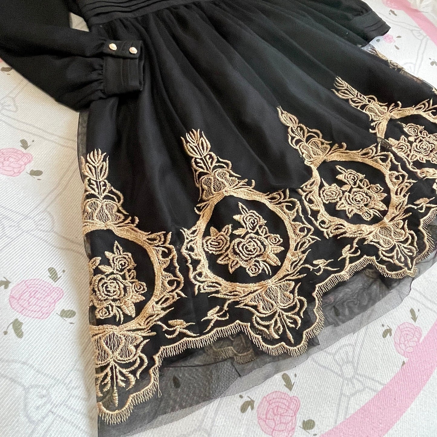 Axes Femme black embroidered dress – elegant gothic, gold rose embroidery4