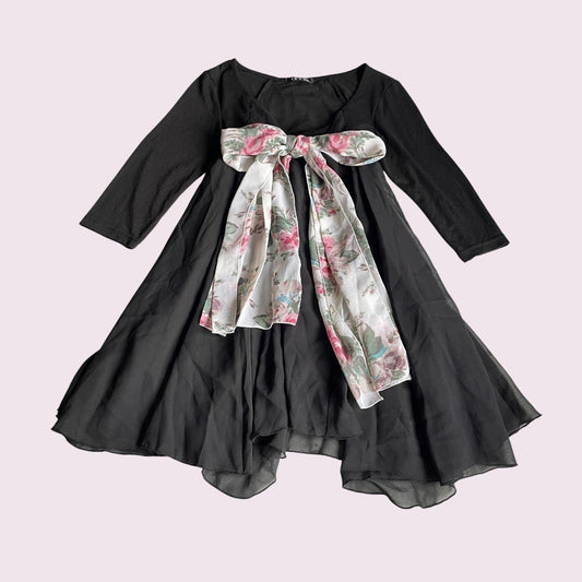 Japanese Vintage Black Chiffon Dress with Oversized Floral Bow 0