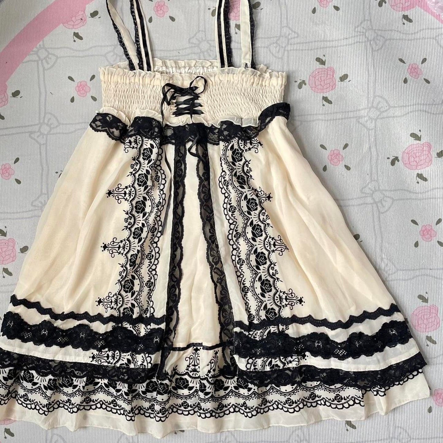 Axes Femme beige dress with rose pattern, laceup front and black lace detailing6