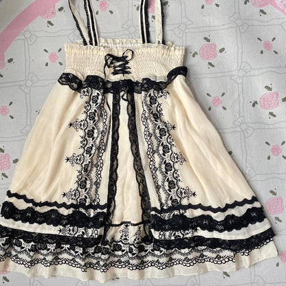 Axes Femme beige dress with rose pattern, laceup front and black lace detailing6