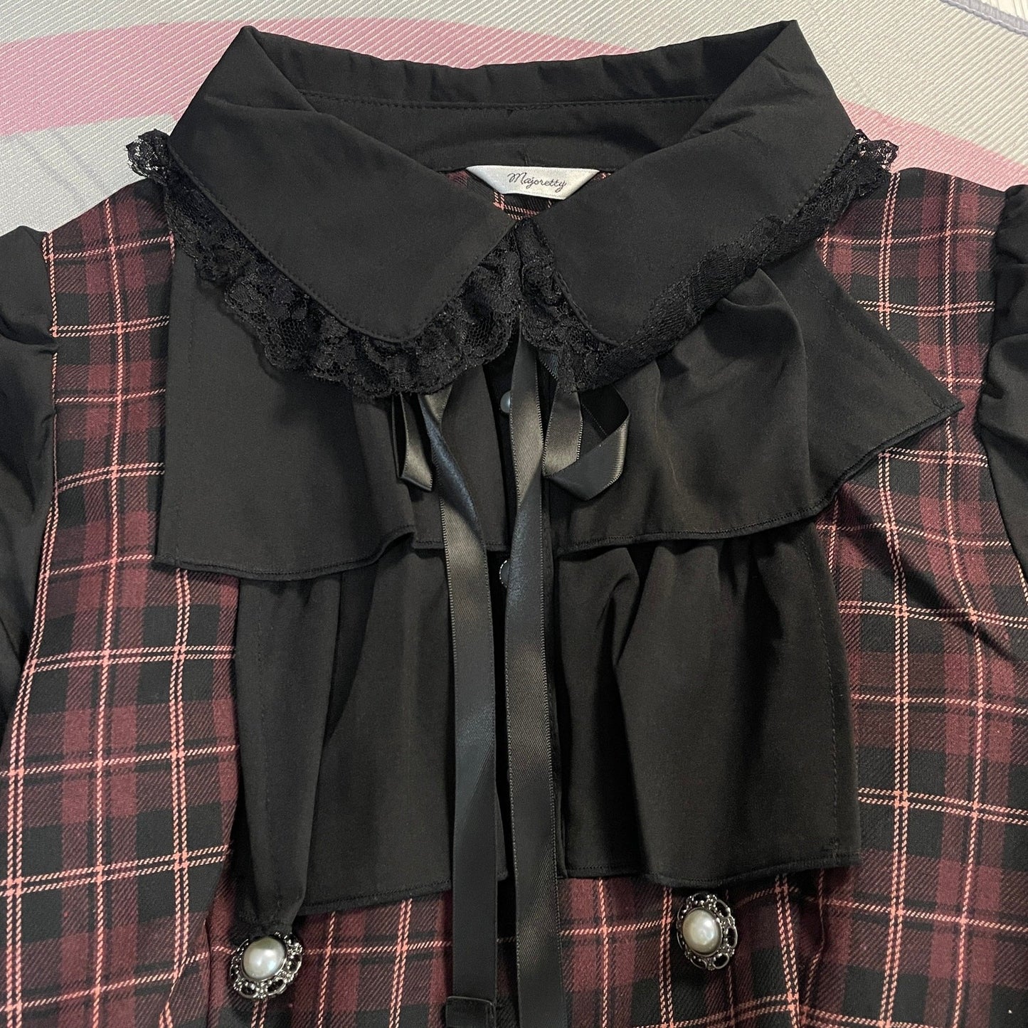Majonetty Jirai Kei plaid two-piece set – ruffle blouse & shorts, gothic school5