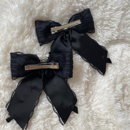 Jirai Kei black lace jewel bow clips - heart charm lolita accessory pair2