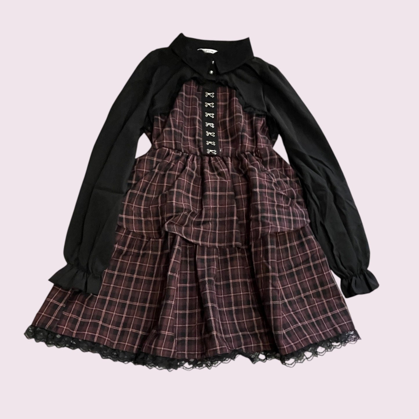 Majonetty Plaid Tiered Long Sleeve Dress Jirai Kei Subcul1