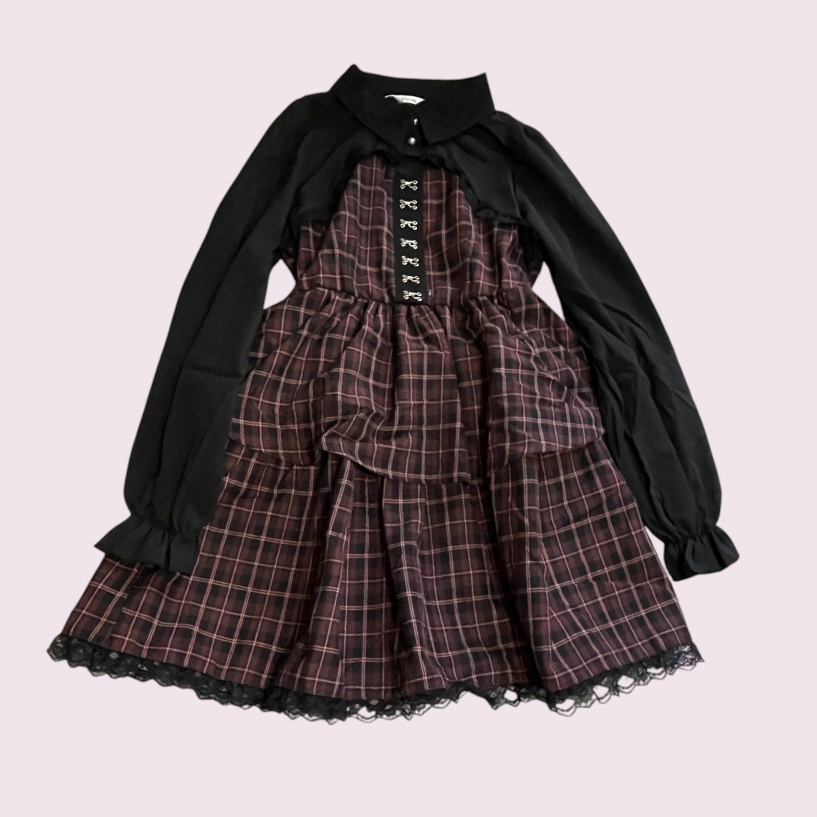 Majonetty Plaid Tiered Long Sleeve Dress Jirai Kei Subcul1