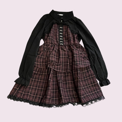 Majonetty Plaid Tiered Long Sleeve Dress Jirai Kei Subcul1