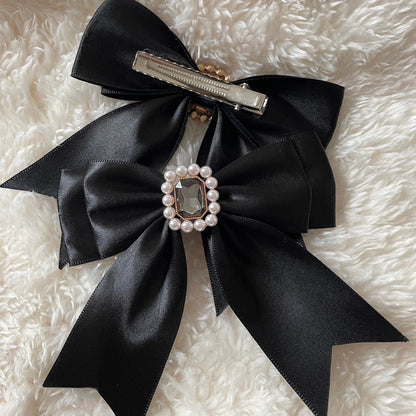 Black satin pearl bow clips - classic lolita / vintage gothic pair1