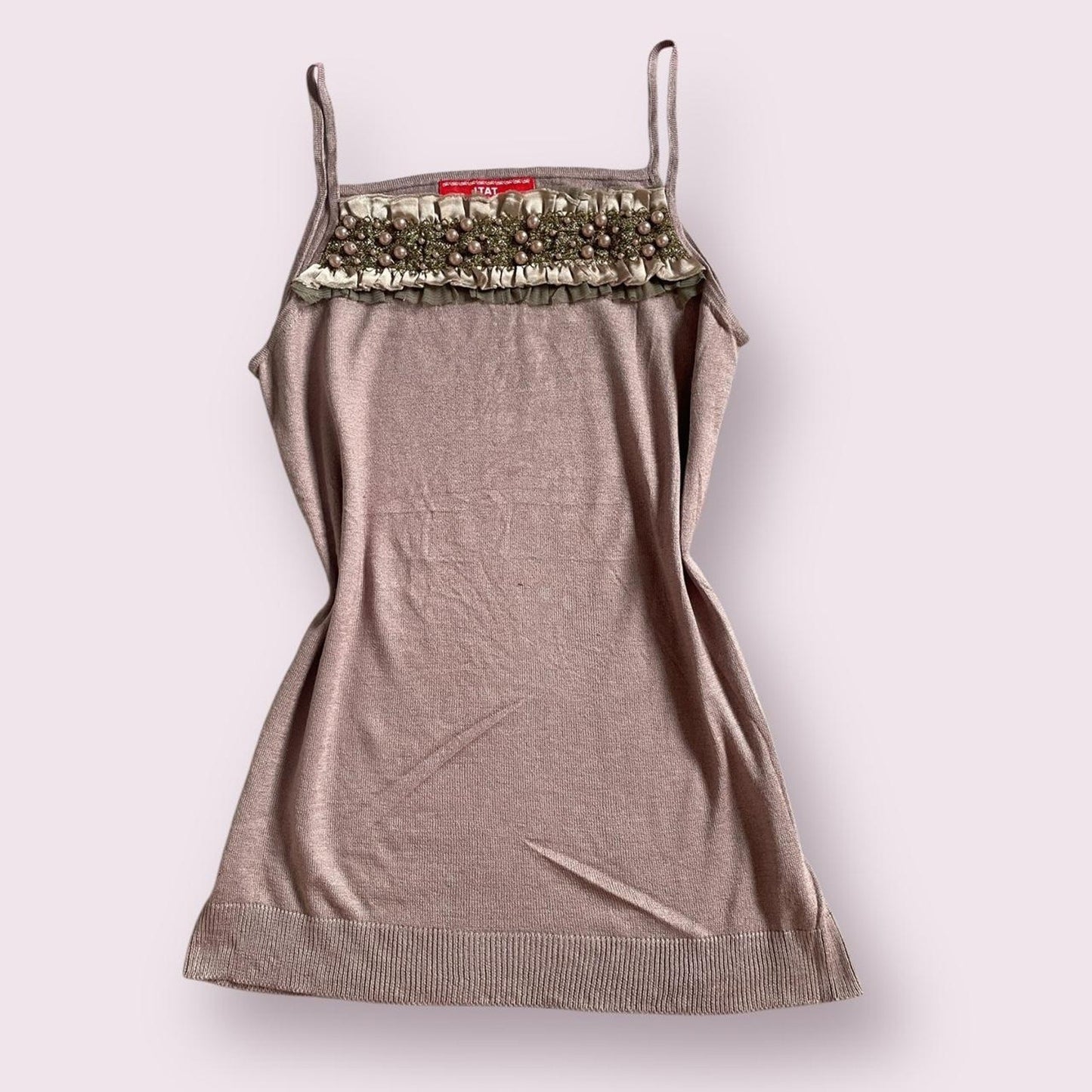 Vintage knit camisole with pearl ruffle trim0
