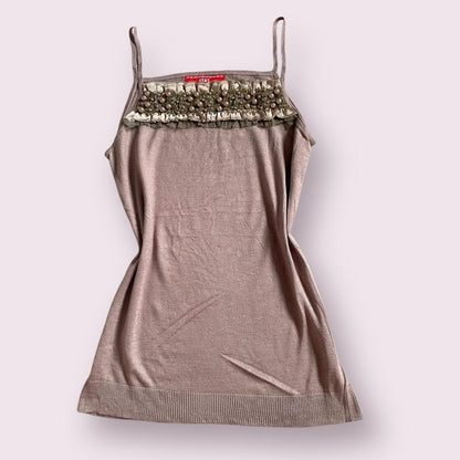 Vintage knit camisole with pearl ruffle trim0