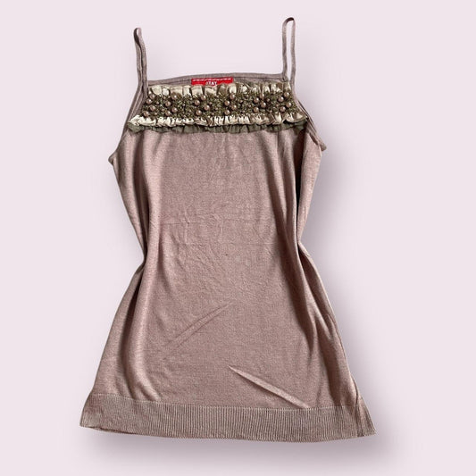 Vintage knit camisole with pearl ruffle trim0